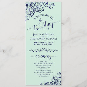 Elegant Curls & Swirls Mint Green & Navy Wedding Program