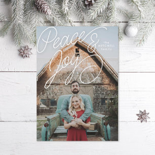 Elegant Cursive Hand Peace and Joy Holiday Photo Card
