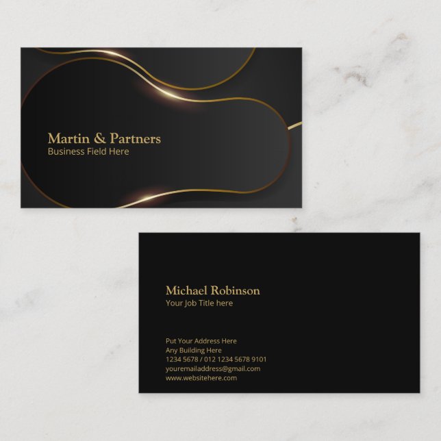 Elegant Curved Shape Geometric Gold Lines | Black Business Card (Front/Back)