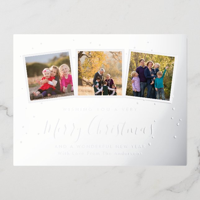 Elegant Custom 3 Photo Collage Merry Christmas Foil Holiday Postcard (Front)