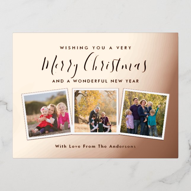 Elegant Custom 3 Photo Collage Merry Christmas Foil Holiday Postcard (Front)
