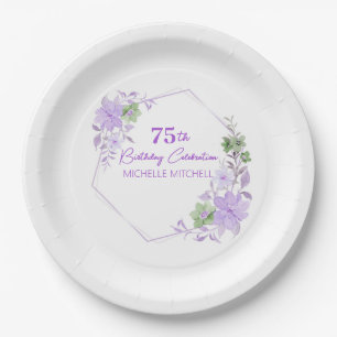 Elegant Custom 75th Birthday Lavender Floral Paper Plate