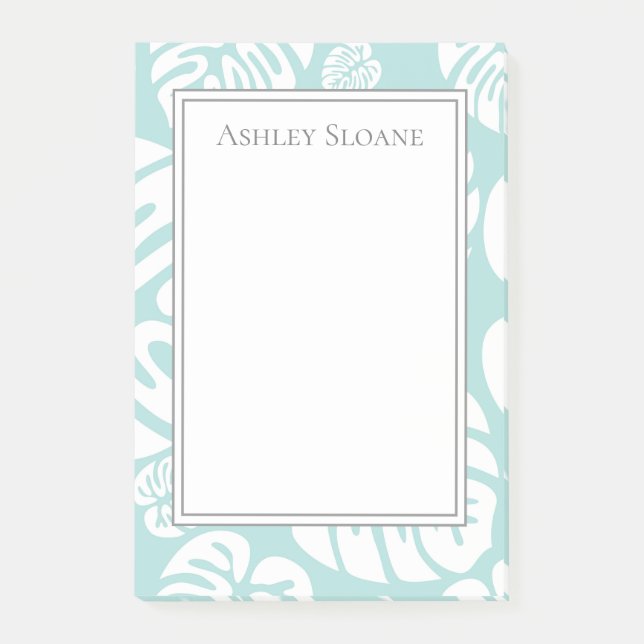 Elegant Custom Baby Blue White Tropical Leaves Post-it Notes (Front)