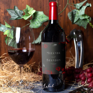 Elegant Custom Black and Red Floral Gothic Wedding Wine Label