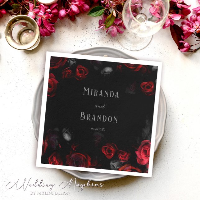 Elegant Custom Black and Red Floral Wedding Napkin (Creator Uploaded)