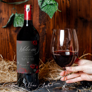 Elegant Custom Black and Red Floral Wedding Wine Label