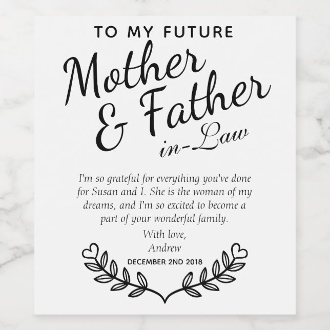 Elegant Custom Black and White In-Law Wedding Gift Wine Label (Single Label)