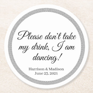 Elegant custom black text names date wedding round paper coaster