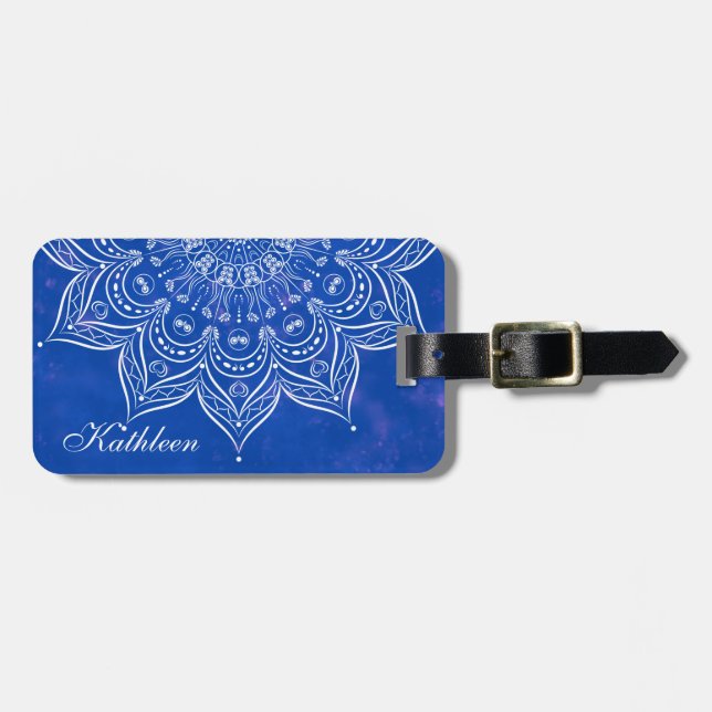 Elegant Custom Blue and White Mandala Luggage Tag (Front Horizontal)