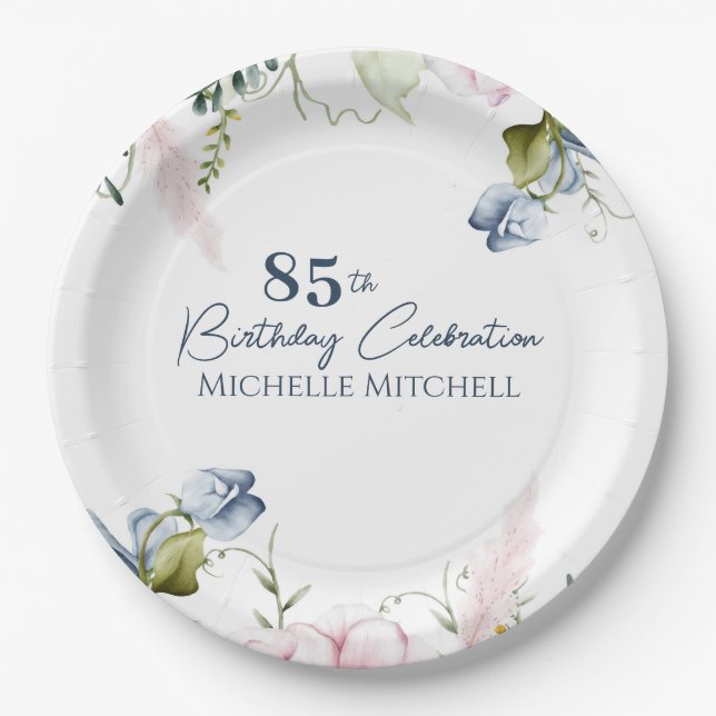 Elegant Custom Blue Pink 85th Birthday Paper Plate (Front)