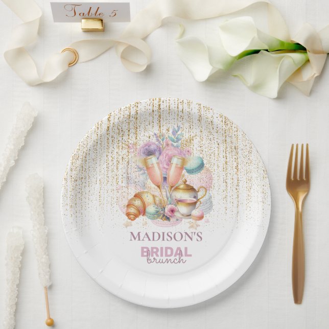 Elegant Custom Bridal Brunch Pink & Gold glitter Paper Plate (Wedding)