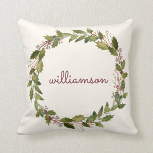 Elegant Custom Christmas Wreath Vintage Script Cushion