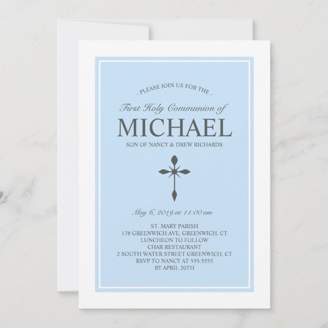 Elegant Custom Colour Communion Invitation Blue (Front)
