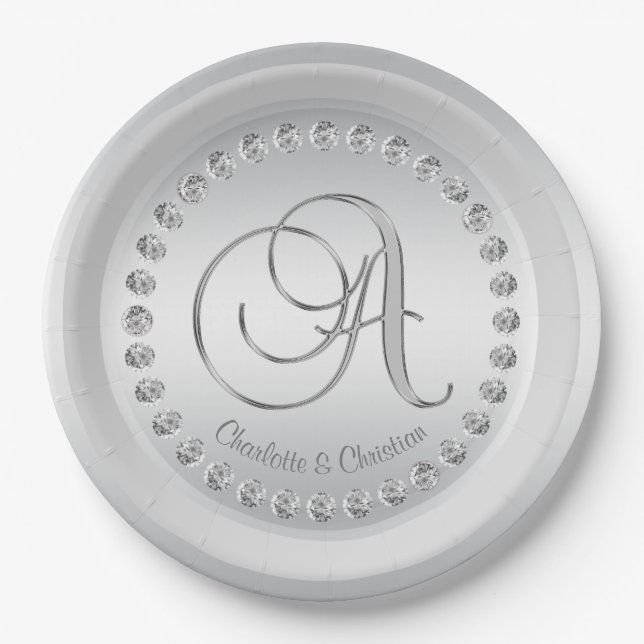 Elegant Custom Diamond Silver Monogram Wedding Paper Plate (Front)