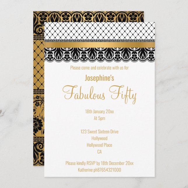 ELEGANT CUSTOM FABULOUS AT 50 GOLD LACE INVITATION (Front/Back)