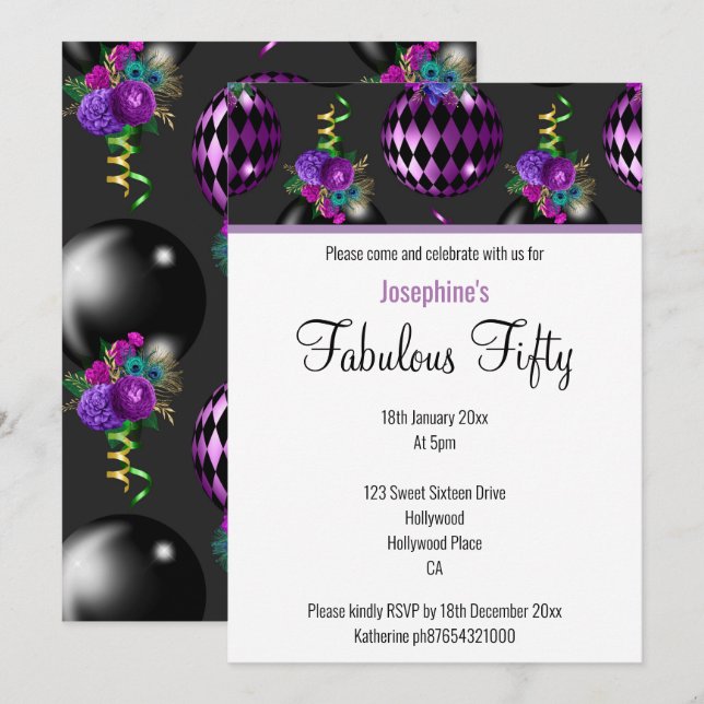 ELEGANT CUSTOM FABULOUS AT 50 PURPLE BALLOON INVITATION (Front/Back)