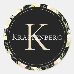 Elegant Custom Family Monogram Name Black Cream Classic Round Sticker