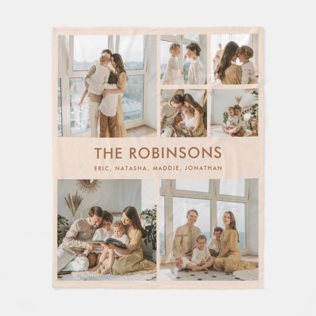 Elegant Custom Family Name 7 Photo Collage Fleece Blanket (Front)