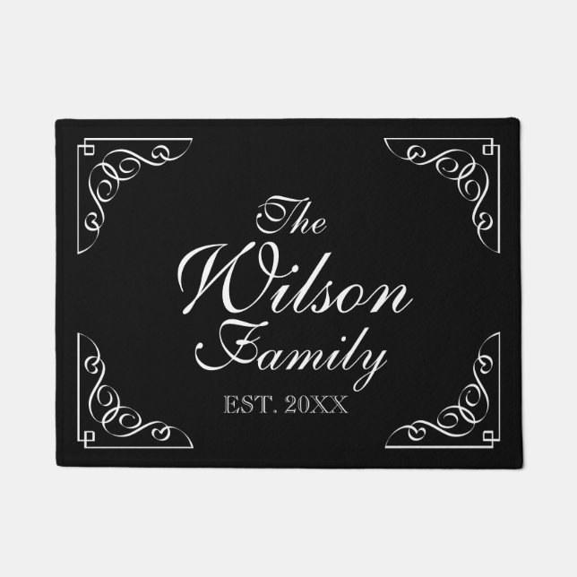 Elegant custom family name black and white welcome doormat (Front)