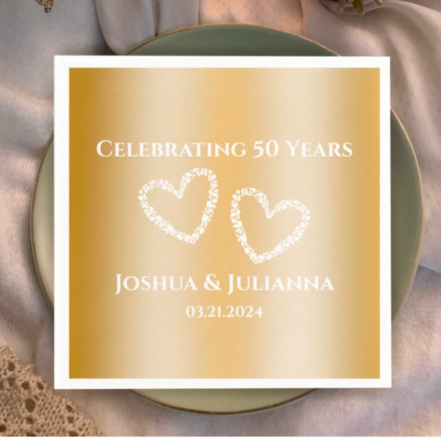Elegant Custom Faux Gold 50th Wedding Anniversary Napkin (Custom text faux gold gradient 50th wedding anniversary party .napkins, stylish hearts personalized
)