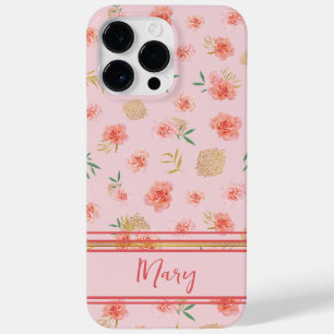 Elegant Custom Feminine Pink Blossoms with Stripes Case-Mate iPhone 14 Pro Max Case