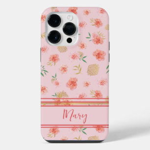 Elegant Custom Feminine Pink Blossoms with Stripes iPhone 14 Pro Max Case