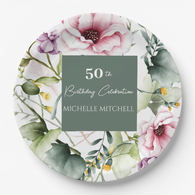 Elegant Custom Floral 50th Birthday Party Paper Plate (Front)
