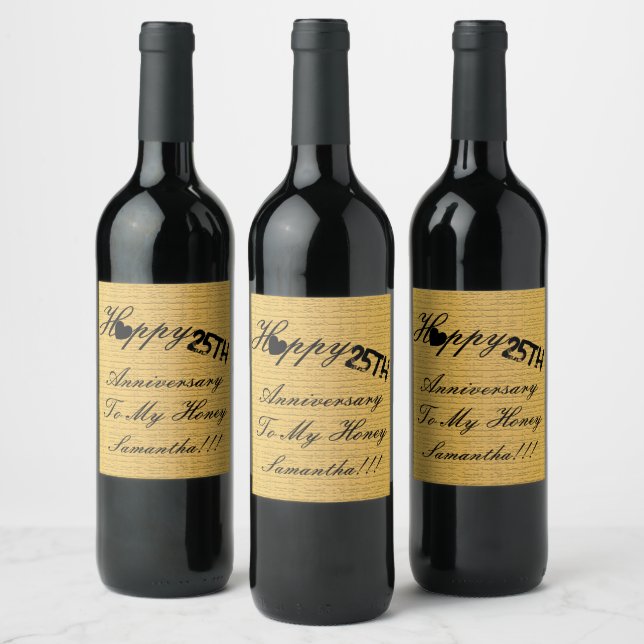Elegant Custom Gold Black 25th Anniversary  Wine Label (Bottles)