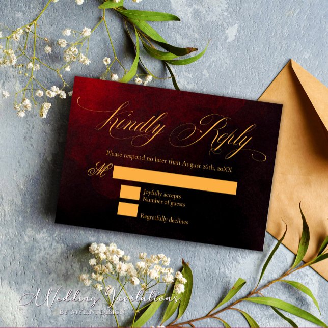 Elegant Custom Gold Red and Black Wedding RSVP Card (Creator Uploaded)