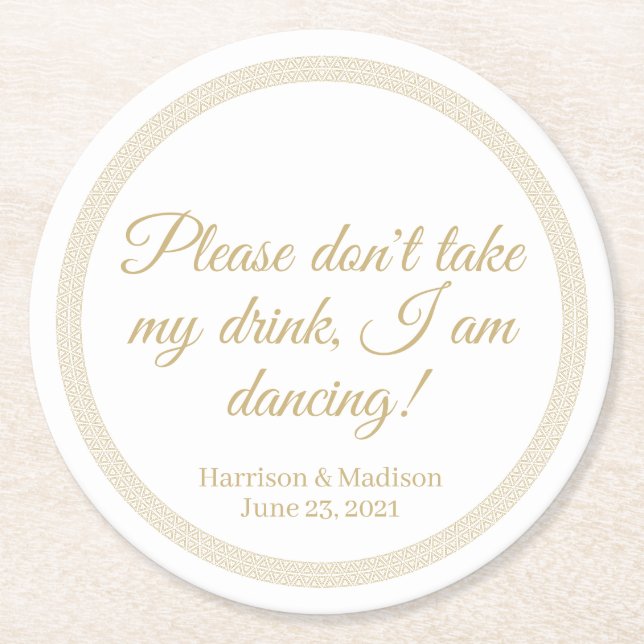 Elegant custom gold text names date wedding round paper coaster (Front)