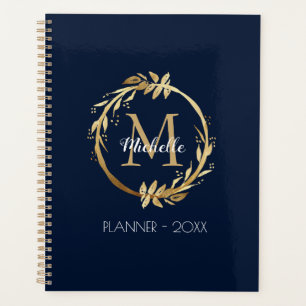 Elegant Custom Gold Wreath Monogram Navy Blue Planner