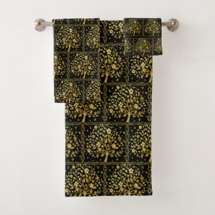 Elegant Custom Golden Tree Pattern on Black Bath Towel Set