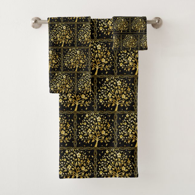 Elegant Custom Golden Tree Pattern on Black Bath Towel Set (Insitu)
