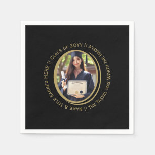 Elegant Custom Grad Photo Black & Gold Party Napkin