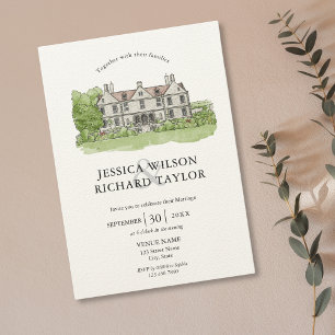 Elegant Custom Hand Drawn Venue Manor Illustration Invitation