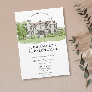 Elegant Custom Hand Drawn Venue Manor Illustration Invitation