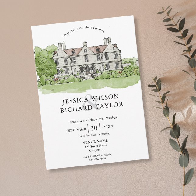 Elegant Custom Hand Drawn Venue Manor Illustration Invitation (hand drawn wedding venue invitation)