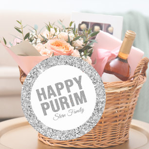 Elegant Custom Hebrew Happy Purim Silver Glitter Classic Round Sticker