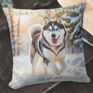 Elegant Custom Husky Dog In Snow Merry Christmas Cushion