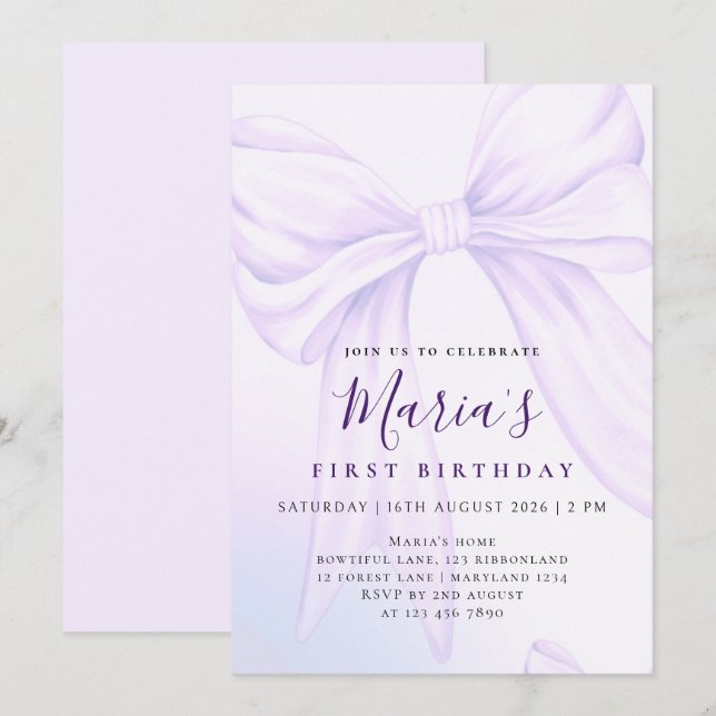 Elegant Custom Lavender Bow First Birthday Invitation (Front/Back)