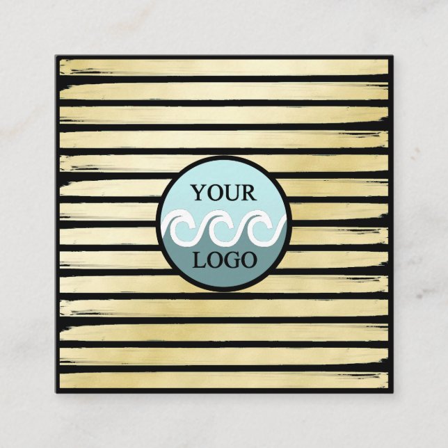 Elegant custom logo black gold foil paint striped square business card (Front)
