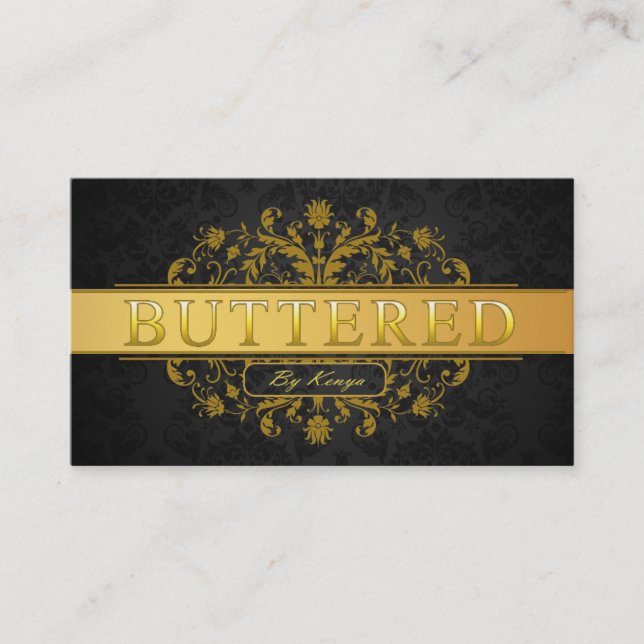 Elegant Custom Logo Dark Damask Gold Stripe Business Card (Front)