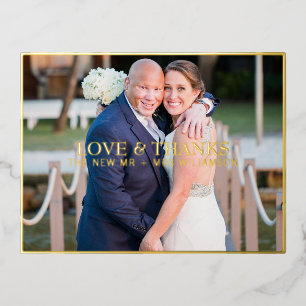 Elegant Custom Love and Thanks Wedding Photo Text Foil Holiday Postcard