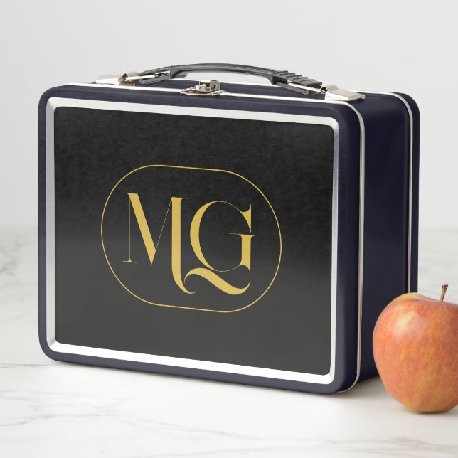 Elegant Custom Monogram Black Metal Lunch Box (In Situ)