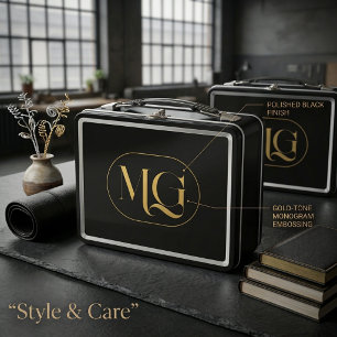 Elegant Custom Monogram Black Metal Lunch Box