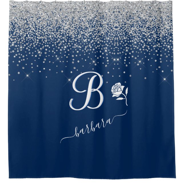 Elegant Custom Monogram Blue Silver Sparkle   Shower Curtain (Front)