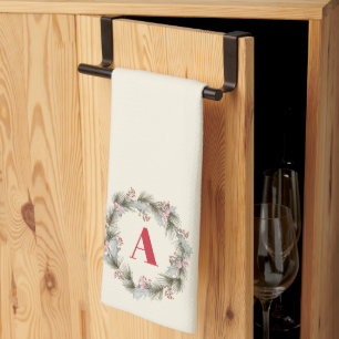 Elegant Custom Monogram Christmas Wreath Tea Towel