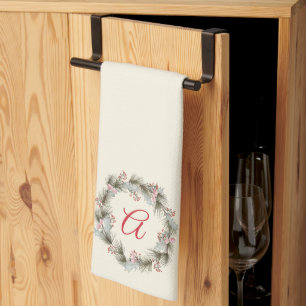 Elegant Custom Monogram Christmas Wreath  Tea Towel