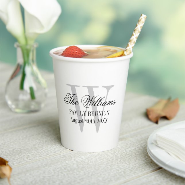 Elegant custom monogram family reunion party paper cups (Insitu)