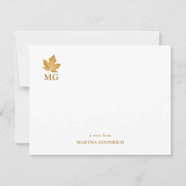 Elegant Custom Monogram Gold Ochre Maple Leaf Flat Card (Front)